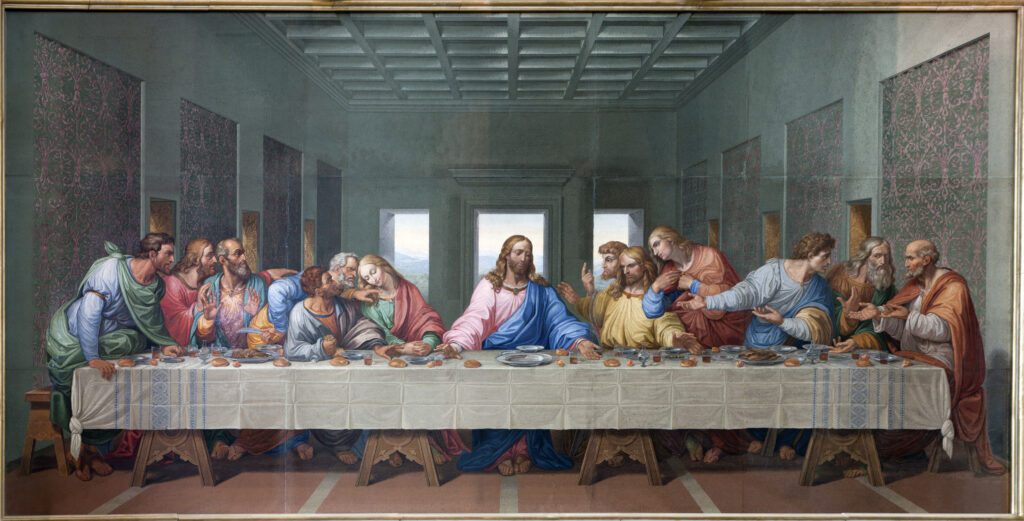 Kunstprint van het Laatste Avondmaal met Jezus en apostelen aan een tafel met wit kleed.