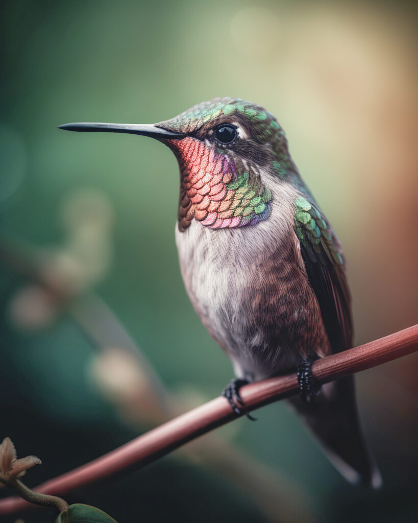 Close-up van een zittende kolibrie met groene en roze veren op een tak met een onscherpe achtergrond.