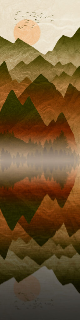 Gestileerd verticaal landschap met getextureerde bergen, een oranje zon en reflectie in het water.