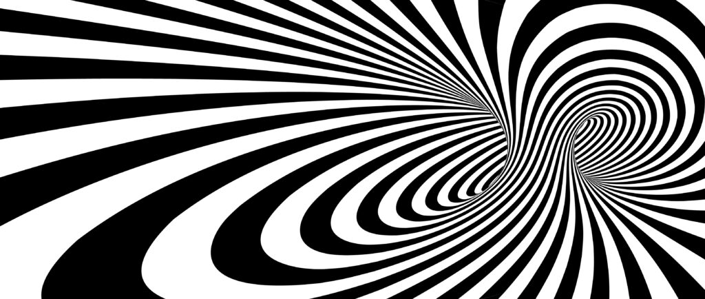 Breedbeeld abstracte achtergrond met een geometrisch patroon van zwarte en witte lijnen die een spiraalvormige tunnel vormen.